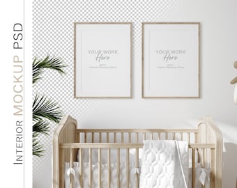 Wall mockup, Mock up frame in children room with natural wooden furniture, Farmhouse style interior background, Minimalist mockup