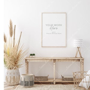 Mock up frame in room with natural wooden furniture, Farmhouse style interior background, Minimalist mockup