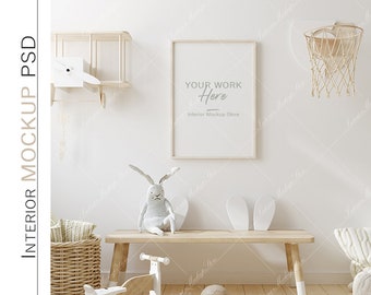 Mock up frame in children room with natural wooden furniture, Scandinavian style interior background, Minimalist mockup