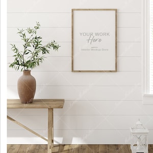 Mock up frame in room with natural wooden furniture, Farmhouse style interior background, Minimalist mockup