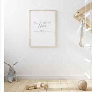 Mock up frame in children room with natural wooden furniture, Scandinavian style interior background, Minimalist mockup