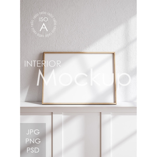 wooden Frame mockup, A (ISO) ratio frame mockup, minimalist close up poster Mockup, horizontal frame mockup in home interior