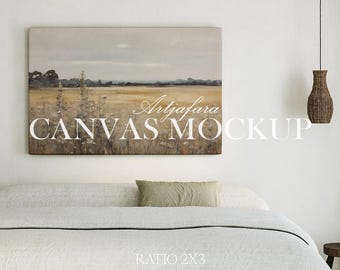 Canvas mockup in bedroom interior, ratio 2x3, minimalistic mockup, canvas mockup, painting canvas mockup, oil canvas mockup