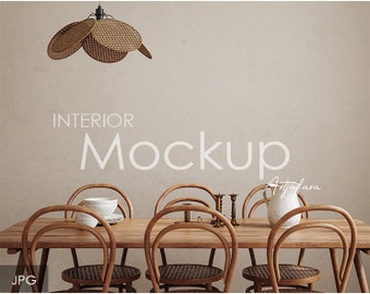 May include: A wooden dining table with six chairs, a woven pendant light, and a pitcher on the table. The table is set with a white pitcher and two white bowls. The chairs are made of natural wood with woven seats.