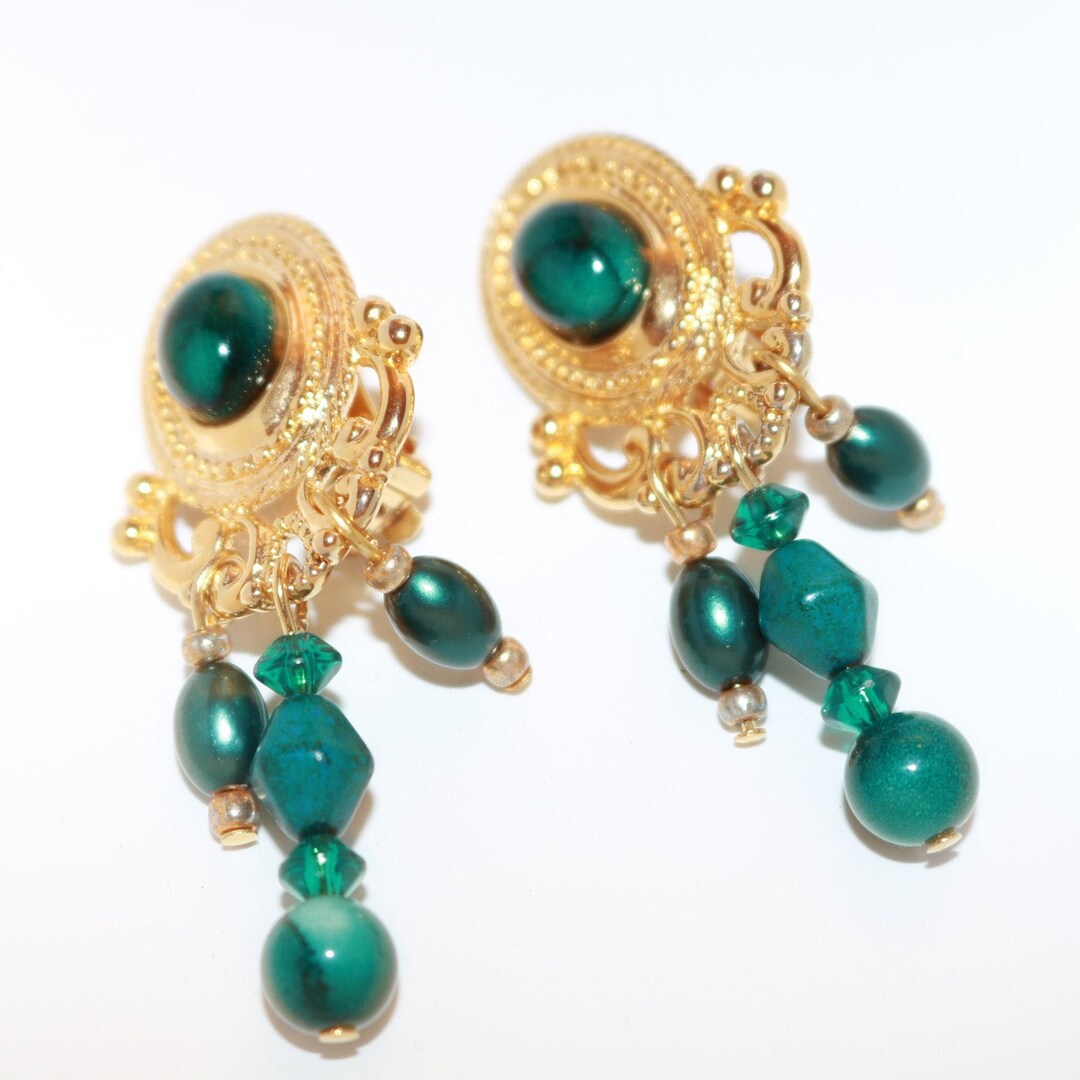 Vintage Ornate Faux Emerald Green Hanging Clipon Earrings Etsy