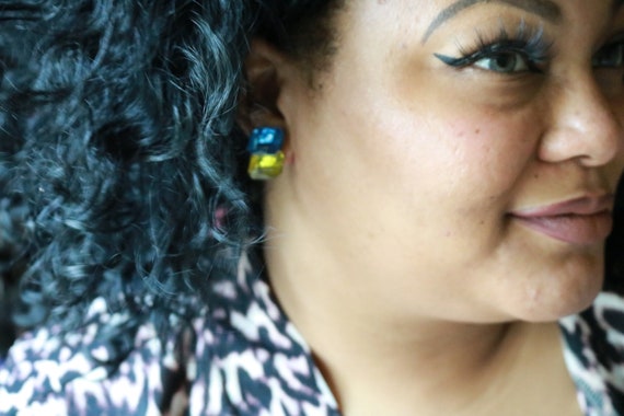 Yellow and Blue Plastic Post Earrings - image 8