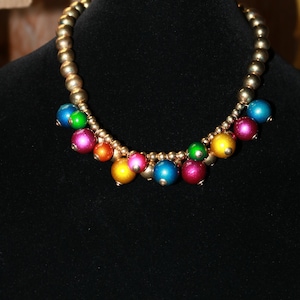 Vintage Party Metallic Multi Colored Red Orange Blue and Green Cluster Necklace