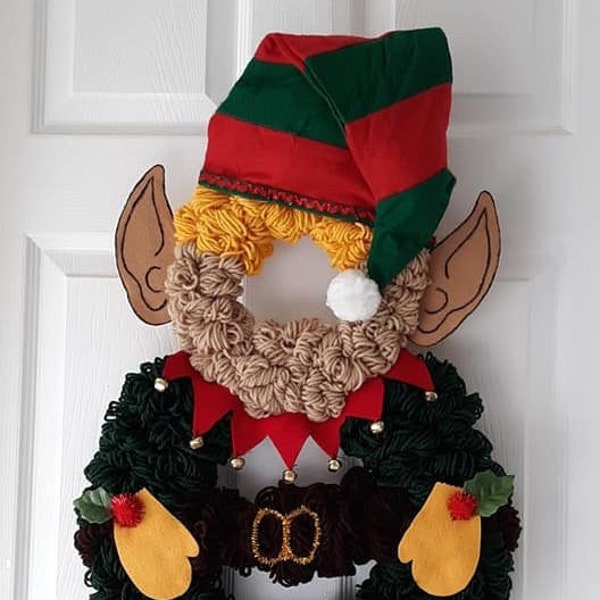 Own Design, Cute, Holiday Door Wreath, Yarn, Felt, Paint, Hanger, Red, Elf, Handmade, securely made,