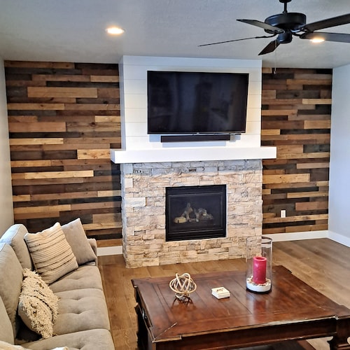 View of Reclaimed Wood Accent Wall Rustic Winter Blend 10sqft of - Etsy