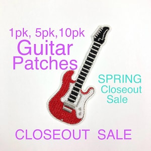 May include: Red and white electric guitar iron-on patch.  1pk, 5pk, 10pk Guitar Patches. SPRING Closeout Sale. CLOSE OUT SALE.