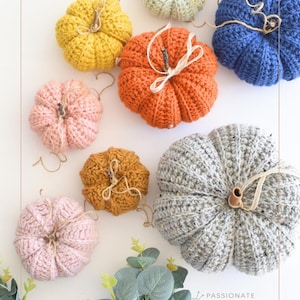 May include: A collection of handmade crochet pumpkins in various colors, including orange, yellow, pink, and blue. Each pumpkin has a stem and is arranged on a white surface. The image includes the text "Passionate Crafter".