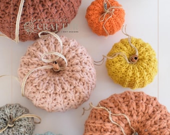 May include: A collection of handmade, knitted pumpkins in various colors, including orange, brown, pink, yellow, and blue. Each pumpkin has a stem and is decorated with twine. The pumpkins are arranged on a white surface. The website www.passionatecrafter.com is visible.