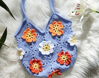 Crochet flower bag, Blooming flower granny square bag, crochet tote bag