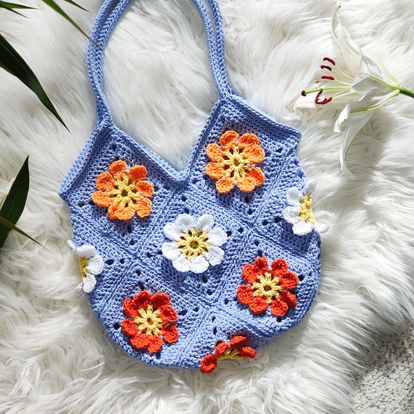 Crochet flower bag, Blooming flower granny square bag, crochet tote bag