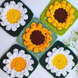 Daisy & Sunflower Granny Square Crochet Pattern – Flower Power Collection – PDF Pattern + Video Tutorial