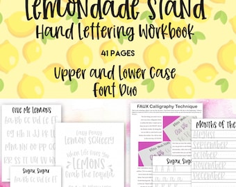 May include: A hand lettering workbook titled "Lemonade Stand" with 41 pages, featuring upper and lower case fonts. The image includes sample pages with calligraphy exercises and the text "Give Me Lemons".