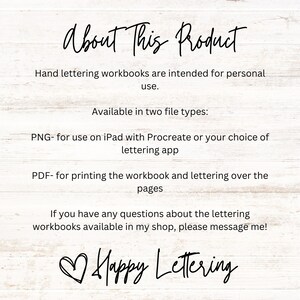 Puede incluir: Imagen con texto que dice "About This Product" y "Happy Lettering". El texto describe cuadernos de trabajo de lettering a mano para uso personal, disponibles en formatos PNG y PDF. El PNG es para usar en un iPad con Procreate u otras aplicaciones de lettering. El PDF es para imprimir.