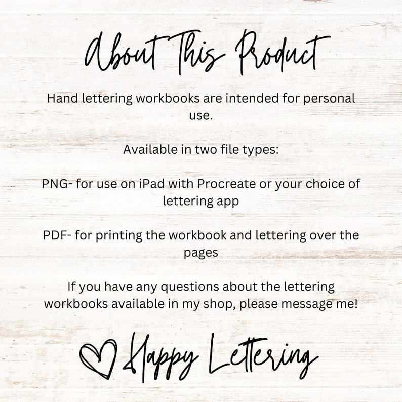 Puede incluir: Imagen con texto que dice "About This Product" y "Happy Lettering". El texto describe cuadernos de trabajo de lettering a mano para uso personal, disponibles en formatos PNG y PDF. El PNG es para usar en un iPad con Procreate u otras aplicaciones de lettering. El PDF es para imprimir.