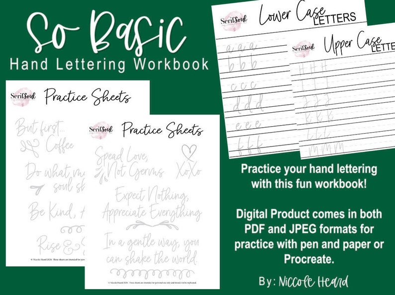 May include: A printable workbook for practicing hand lettering. The workbook includes practice sheets for lowercase and uppercase letters, as well as practice sheets with inspirational quotes like "Spread Love, Not Germs" and "Expect Nothing, Appreciate Everything".