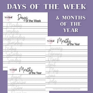 May include: Printable worksheet with lined paper for practicing cursive handwriting. The worksheet is divided into two sections, one for writing the days of the week and the other for writing the months of the year. The title of the worksheet is "Days of the Week & Months of the Year".