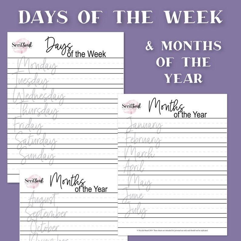 May include: Printable worksheet with lined paper for practicing cursive handwriting. The worksheet is divided into two sections, one for writing the days of the week and the other for writing the months of the year. The title of the worksheet is "Days of the Week & Months of the Year".
