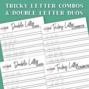 May include: Four printable worksheets for practicing handwriting. The worksheets are divided into two sections: "Tricky Letter Combos" and "Double Letter Duos". Each section has a list of letter combinations to practice writing.