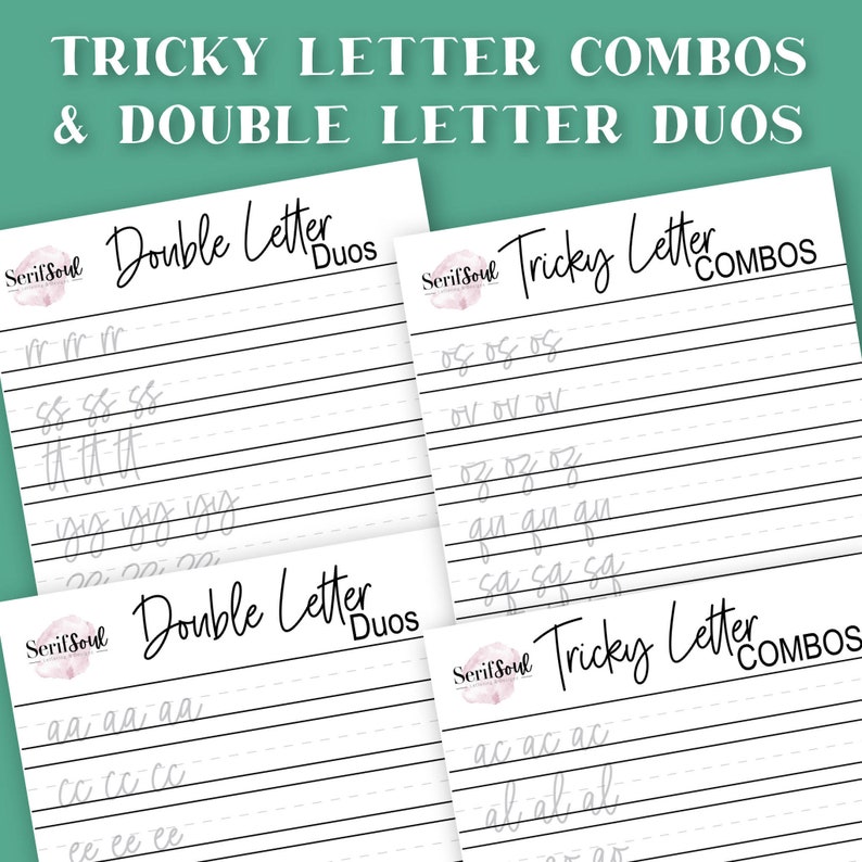 May include: Four printable worksheets for practicing handwriting. The worksheets are divided into two sections: "Tricky Letter Combos" and "Double Letter Duos". Each section has a list of letter combinations to practice writing.