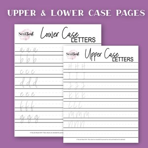 May include: Two printable worksheets for practicing handwriting. The left page is for lowercase letters and the right page is for uppercase letters. Both pages have lined paper with dotted lines for guidance.