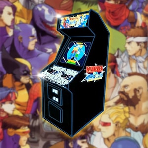 May include: Black enamel pin of a classic arcade cabinet with the text "MARVEL VS CAPCOM" on the front. The cabinet has a pixelated image of characters from the game on the screen.