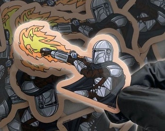 Mando Flamethrower Sticker, Car Vinyl Decal Sticker, Mandalorian Sticker, Water Bottle sticker, laptop sticker,
