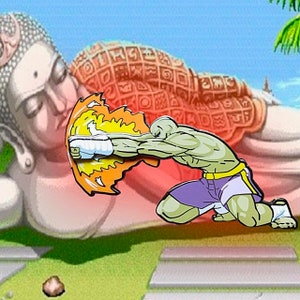 May include: A green and purple cartoon figure with a yellow headband is punching forward with a fiery orange fist. The figure is in front of a reclining Buddha statue with a colorful patterned robe.