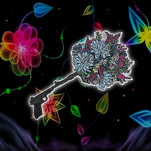 May include: A digital illustration features a black handgun with a bouquet of flowers in place of the barrel. The flowers are a mix of blue, pink, and green. The background is black with colorful, glowing floral and leaf accents.