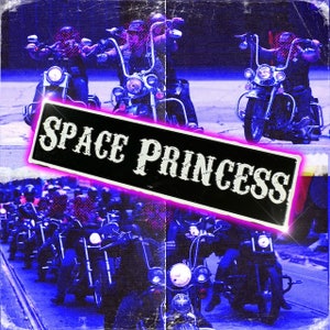 May include: A group of people riding motorcycles in a line. The motorcycles are black and have chrome accents. The people are wearing black leather jackets and helmets. The image has a vintage, faded look and the text "SPACE PRINCESS" is superimposed over the image.