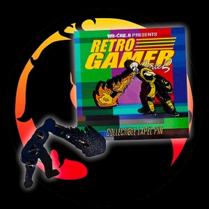 May include: A black and yellow enamel pin featuring a character from a video game. The character is holding a flaming object and is in a fighting pose. The pin is labeled "Retro Gamer Series" and "Collectible Lapel Pin".