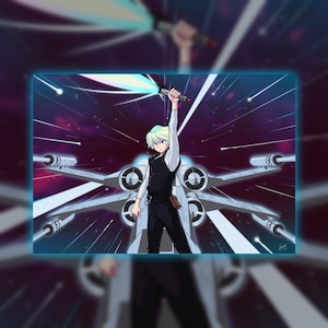 May include: A white-haired anime character with a blue lightsaber stands in front of a white X-wing spaceship against a dark blue and purple space background with white streaks of light.
