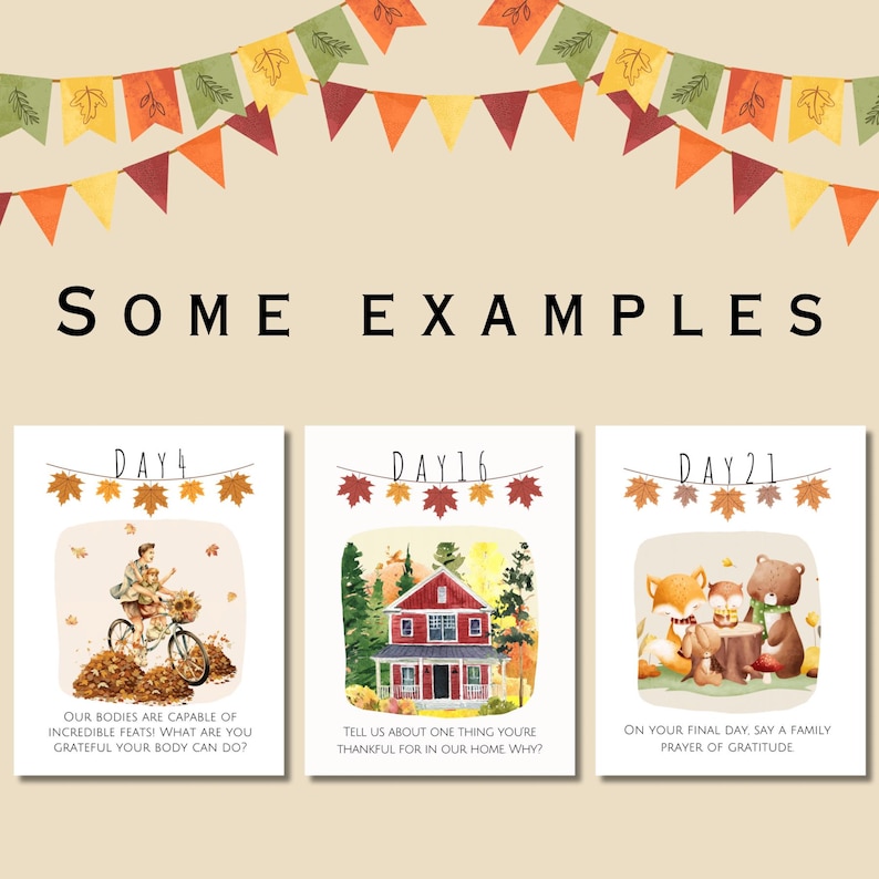 May include: A set of three watercolor art prints with fall themes. Each print features a different illustration: a person on a bicycle, a red house, and a group of woodland animals. The prints are decorated with autumn leaves and text.