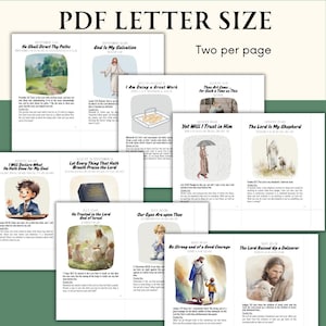 Op de afbeelding: Een verzameling PDF-pagina's in Letter-formaat met religieuze illustraties en tekst. De pagina's bevatten verschillende bijbelverzen en afbeeldingen, waaronder afbeeldingen van Jezus, kinderen en landschappen. De tekst bevat zinnen als "God is mijn redding" en "De Heer is mijn herder."