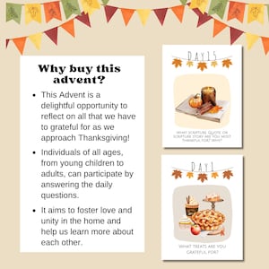May include: Advent cards with fall-themed illustrations and text. The cards feature images of pumpkins, candles, and baked goods. The text on the cards includes questions about gratitude and Thanksgiving. A banner of fall leaves and pennants decorates the top.