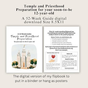 Pode incluir: Um guia digital de flipbook para preparar uma criança de 12 anos para o templo e o sacerdócio. O guia mede 21,6 cm por 27,9 cm e inclui uma ilustração do templo, escrituras e citações. O texto diz "Um guia de 52 semanas: Templo e preparação para o sacerdócio para o seu filho de 12 anos".