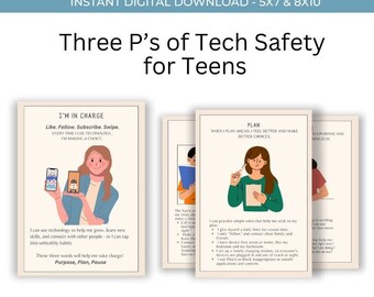 Puede incluir: Tres carteles imprimibles con ilustraciones de personas que usan tecnología. Los carteles se titulan "Estoy a cargo", "Planificar" y "Propósito". El texto en los carteles anima a los adolescentes a tomar decisiones seguras y responsables al usar la tecnología.