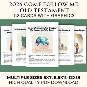 Puede incluir: Un conjunto de 52 tarjetas del Antiguo Testamento con gráficos. Las tarjetas presentan ilustraciones y textos de la Biblia, con títulos como "En el principio, Dios creó el cielo y la tierra". Disponible en varios tamaños.