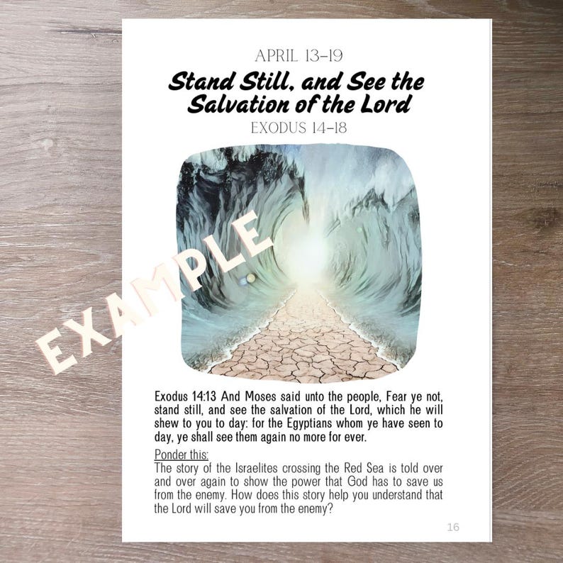 Op de afbeelding: Een bedrukte pagina met de tekst "Stand Still, and See the Salvation of the Lord" en "Exodus 14-18". De afbeelding toont een pad door een zee met het woord "EXAMPLE" eroverheen. De pagina bevat een bijbelvers en een vraag om over na te denken.