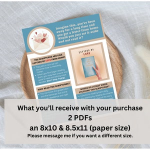 Puede incluir: Una descarga digital imprimible para un p&oacute;ster imprimible con el texto "The Scriptures are like Letters of Love from Home!" y "Letters of Love" con una mano sosteniendo un libro. El p&oacute;ster es azul con texto blanco y un gr&aacute;fico de coraz&oacute;n rojo. El p&oacute;ster est&aacute; sobre una superficie de madera. El texto debajo del p&oacute;ster dice "What you'll receive with your purchase 2 PDFs an 8x10 & 8.5x11 (paper size) Please message me if you want a different size."