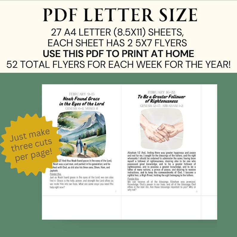 Op de afbeelding: Een PDF-document met de tekst "PDF LETTER SIZE" en instructies voor het afdrukken van flyers. Het document bevat twee pagina's met tekst en illustraties, een getiteld "Noah Found Grace in the Eyes of the Lord."