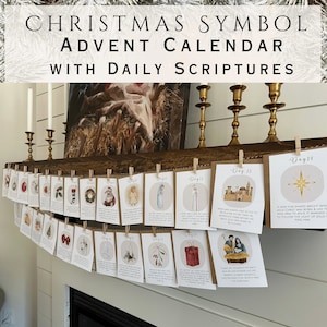 Calendário do Advento com Símbolos de Natal com uma escritura KJV no verso Lembretes de Cristo Contagem regressiva para o Natal, diversão para educação domiciliar, presente de advento para crianças