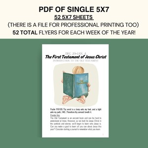 Op de afbeelding: Een PDF van 5x7 vellen met de tekst "PDF OF SINGLE 5X7" en "52 5x7 SHEETS". De afbeelding bevat een aquarel illustratie van een kind dat een boek leest met de titel "Old Testament". De tekst luidt "The First Testament of Jesus Christ".