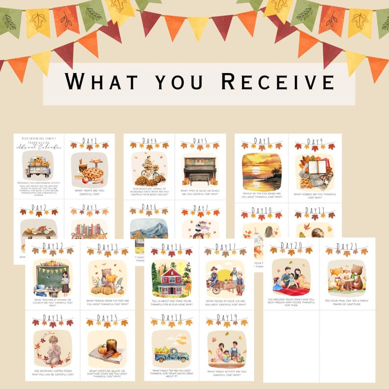 May include: A collection of illustrated cards with a fall theme, featuring images of pumpkins, leaves, and other autumnal elements. The cards are arranged with the text "WHAT YOU RECEIVE" at the top. Each card has a day number and a prompt.