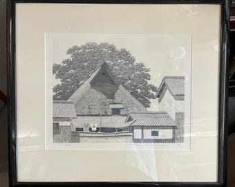 Tanaka Ryohei 1933-2019 Acquaforte giapponese Acquatinta 1992 Casa con grande albero n. 3 Firmata e numerata
