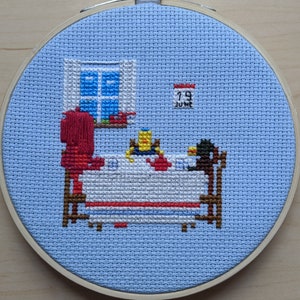 Patrón de punto de cruz de chico rojo, chico amarillo y chico pato (no me abraces, tengo miedo) de 5"