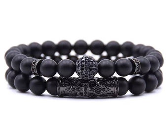 Natürliche Edelstein Matt Onyx mit Micro Pave Perlen Herren Armbänder